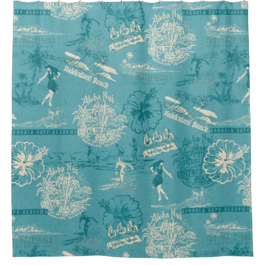 ヴィンテージハワイアントラベルコラージュティール(緑がかった色) シャワーカーテン (正面)