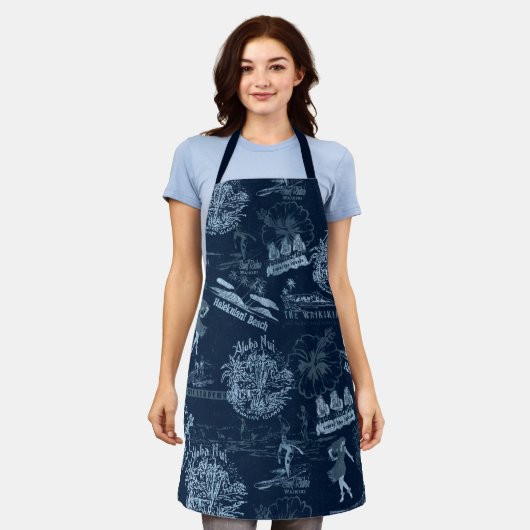 ヴィンテージハワイアントラベルコラージュinインディゴブルー エプロン (着用した状態)