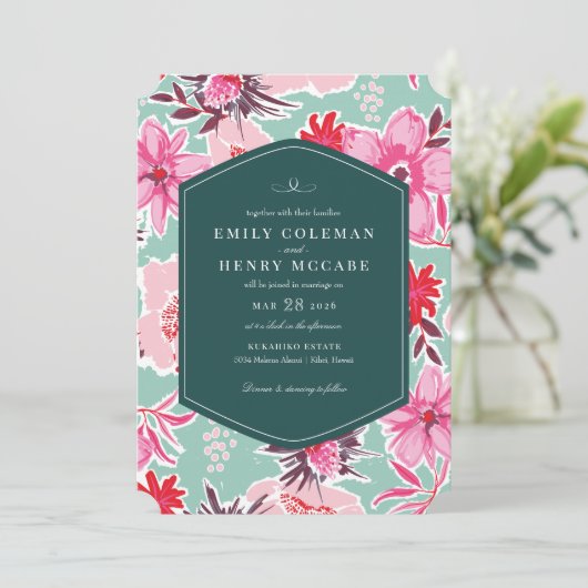 ヴィンテージハワイアントロピカルピンクティール（緑がかった色）結婚ズ 招待状 (スタンド正面)
