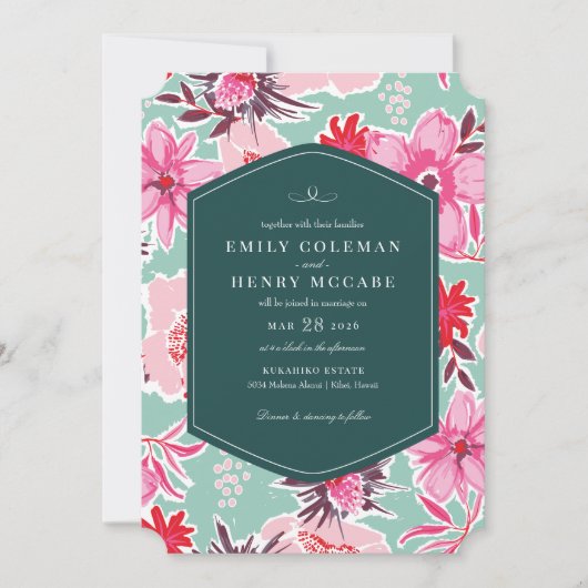 ヴィンテージハワイアントロピカルピンクティール(緑がかった色)結婚ズ 招待状 (正面)