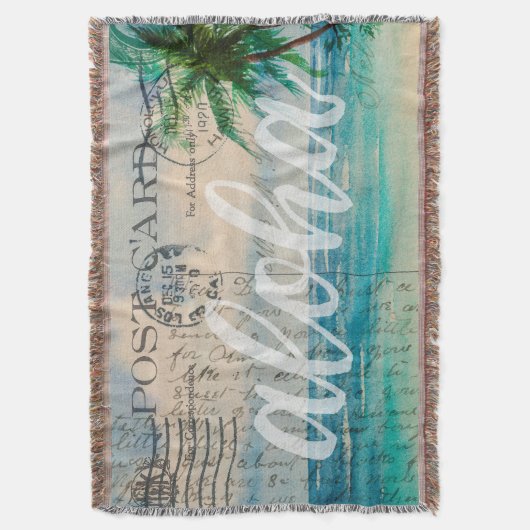 ヴィンテージハワイアンパームツリーズハガキ スローブランケット (正面縦)