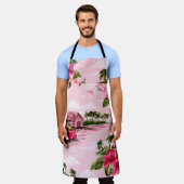 ヴィンテージハワイアン熱帯島のバーククロスデザイン エプロン (着用した状態)