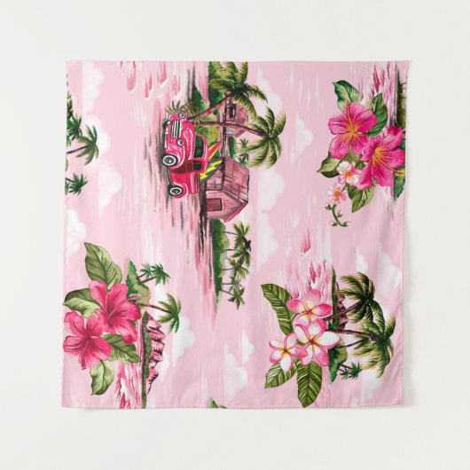 ヴィンテージハワイアン熱帯島のバーククロスデザイン タペストリー (正面(横))