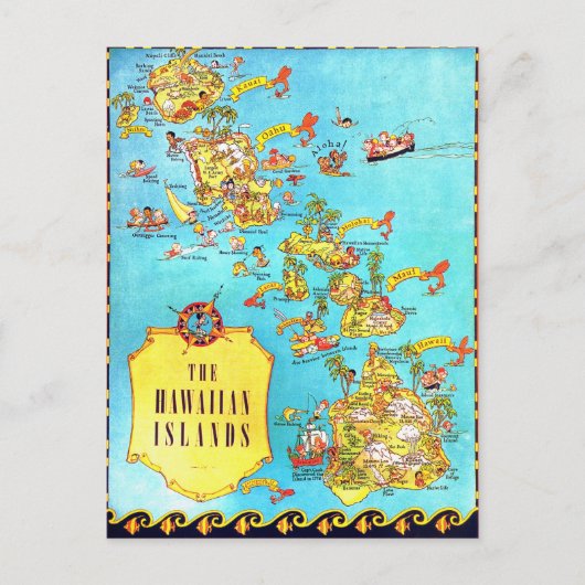 ヴィンテージハワイアン諸島地図 ポストカード (正面)