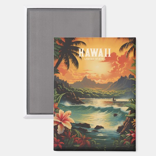 ヴィンテージハワイトロピカルビーチ旅行イラストレーション マグネット (正面/裏面)