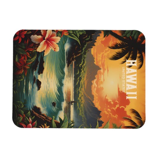 ヴィンテージハワイトロピカルビーチ旅行イラストレーション マグネット (横)