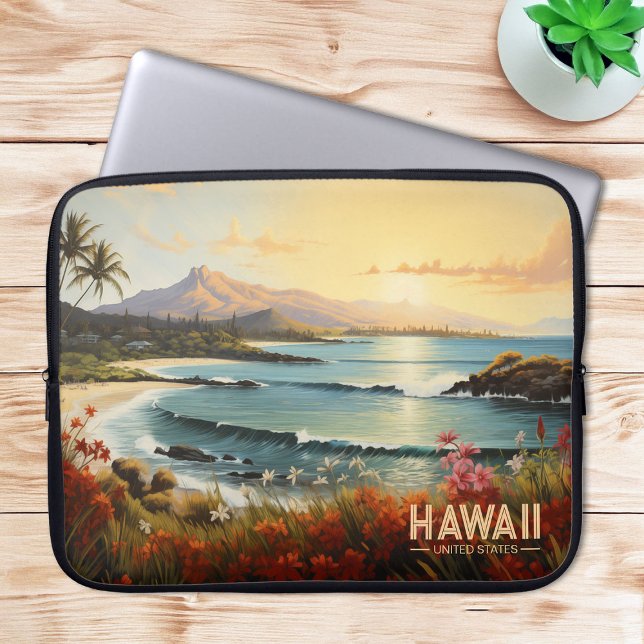 ヴィンテージハワイビーチトロピカルパラダイス絵を描ズ ラップトップスリーブ (Vintage Hawaii Beach Tropical Paradise Painting Laptop Sleeve)