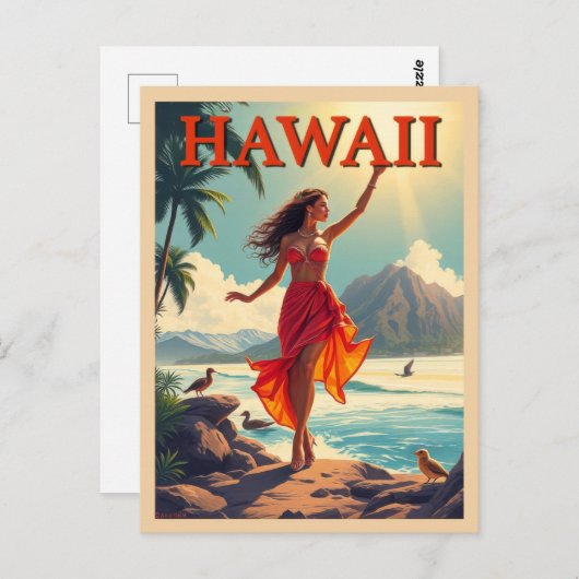 ヴィンテージハワイ熱帯ビーチ海女性旅行 ポストカード (正面/裏面)