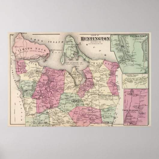 ヴィンテージハンチントンNYの地図(1873) ポスター (正面)