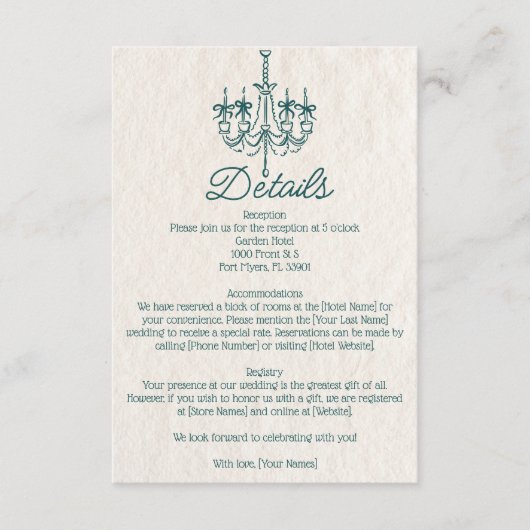 ヴィンテージハンドドローティール(緑がかった色)シャンデリア結婚ズ詳細 エンクロージャーカード (正面)