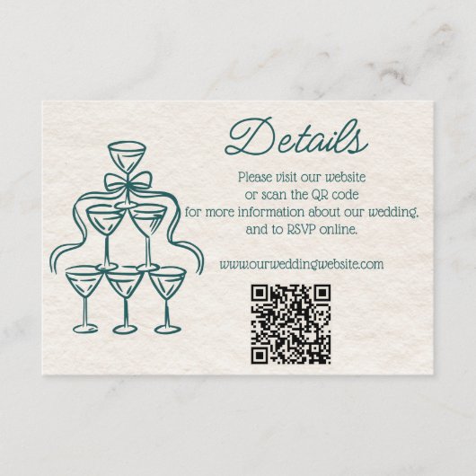 ヴィンテージハンドドローティール（緑がかった色）シャンパン結婚ズ詳細 エンクロージャーカード (正面)