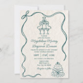 ヴィンテージハンドドローティール（緑がかった色）レトロボウケーキ結婚ー 招待状 (正面)