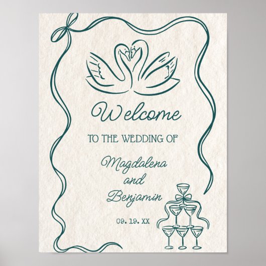 ヴィンテージハンドドローティール（緑がかった色）レトロ結婚の歓迎 ポスター (正面)