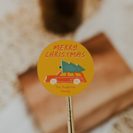 ヴィンテージハンドドロードイエローレッドカーツリークリスマス ラウンドシール