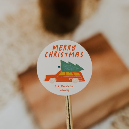 ヴィンテージハンドドロードレッドカーツリークリスマスレトロ ラウンドシール