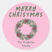 ヴィンテージハンドドローピンクグリーンクリスマスボウリース ラウンドシール (正面)