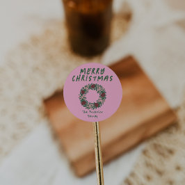 ヴィンテージハンドドローピンクグリーンクリスマスボウリース ラウンドシール