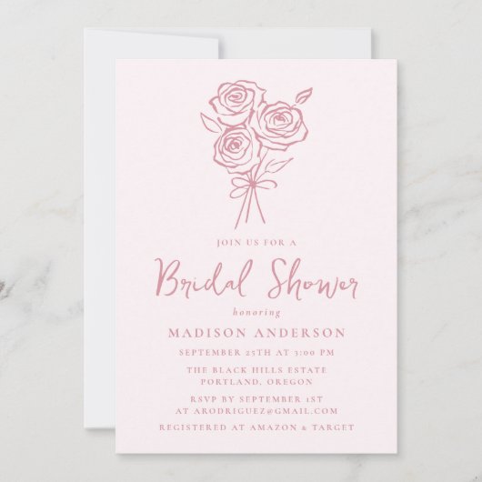 ヴィンテージハンドドローピンクローズブーケブライダルシャワー 招待状 (正面)