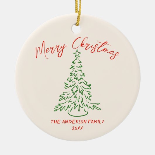 ヴィンテージハンドドローユニークトツリー写真クリスマス セラミックオーナメント (正面)