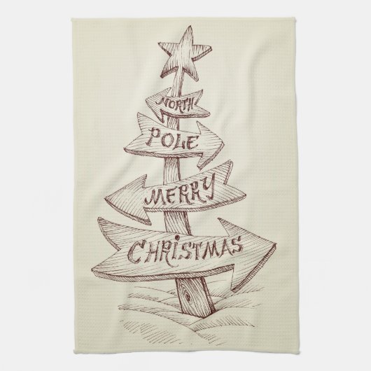 ヴィンテージハンドドロー北極サインクリスマス キッチンタオル (縦)