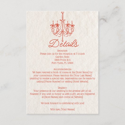 ヴィンテージハンドドロー結婚シャンデリア詳細 エンクロージャーカード (正面)