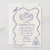 ヴィンテージハンドドロー青レトロリボンスワン結婚ズ 招待状 (正面)