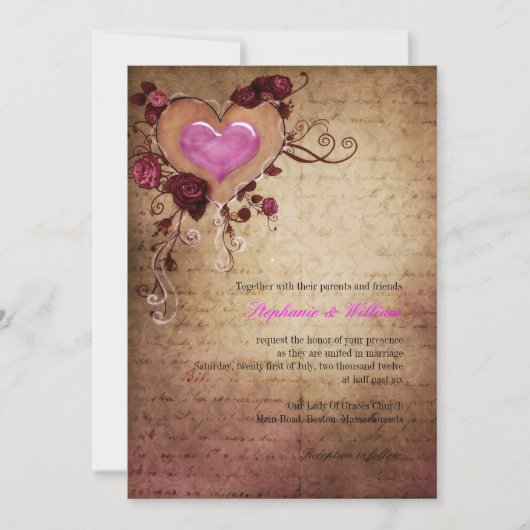 ヴィンテージハートとバラ結婚式招待状 招待状 (正面)