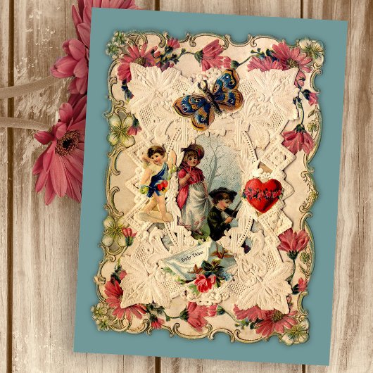 ヴィンテージハートと花バレンタイン葉書 シーズンポストカード