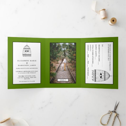 ヴィンテージハートバードケージアボカドグリーン結婚ズスイート 三つ折り招待状 (内部)