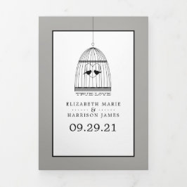 ヴィンテージハートバードケージシルバ結婚ーズスイート 三つ折り招待状
