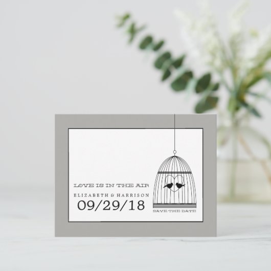 ヴィンテージハートバードケージ結婚式の日付を保存 案内ポストカード (スタンド正面)