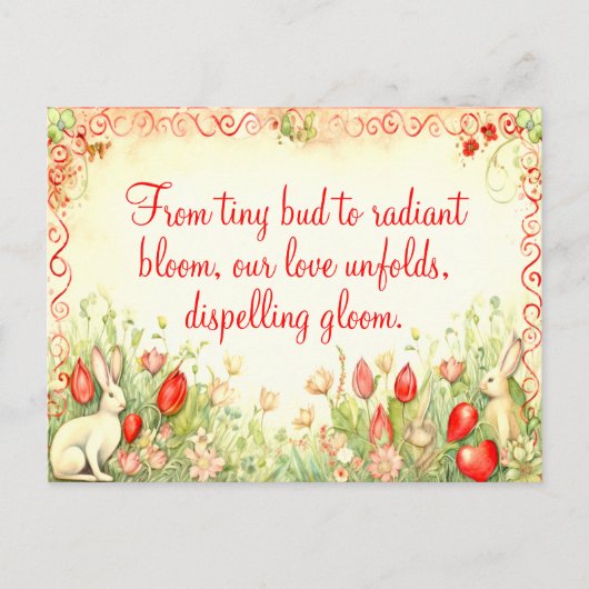 ヴィンテージハートフレーム愛引用文バニー及びフローラ シーズンポストカード (正面)