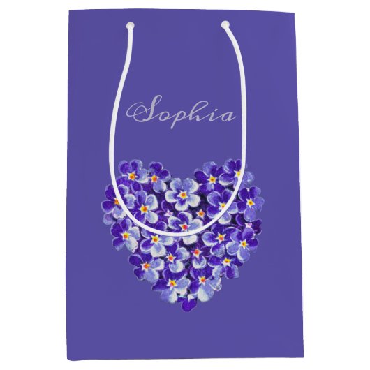ヴィンテージハートフローラパーソナライズされた紫 ミディアムペーパーバッグ (正面)