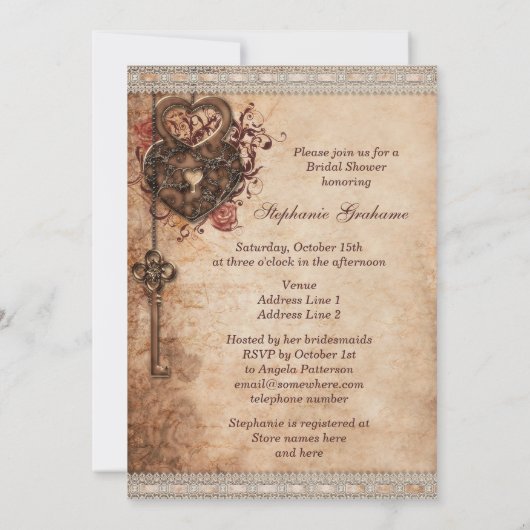 ヴィンテージハートロックおよび鍵ブライダルシャワー 招待状 (裏面)