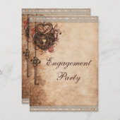 ヴィンテージハートロックおよび鍵婚約パーティ 招待状 (正面/裏面)