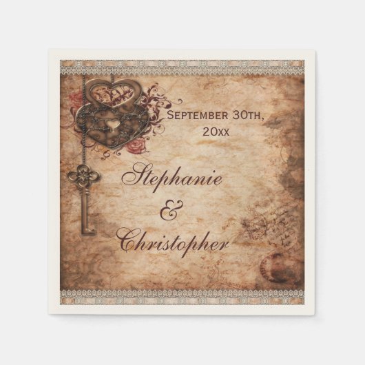 ヴィンテージハートロックと鍵パーソナライズされた結婚ズ スタンダードカクテルナプキン (正面)