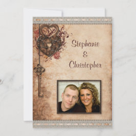 ヴィンテージハートロックと鍵写真結婚の 招待状