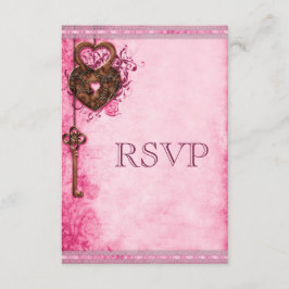 ヴィンテージハートロック&鍵ピンクウェディングRSVP 出欠カード