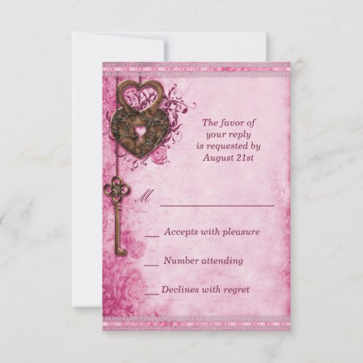 ヴィンテージハートロック&鍵ピンクウェディングRSVP 出欠カード (裏面)