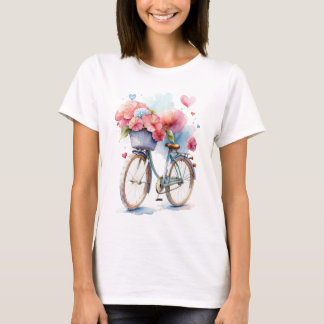 ヴィンテージハート付水彩自転車スタイル Tシャツ