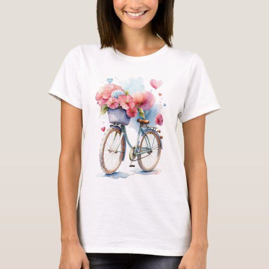 ヴィンテージハート付水彩自転車スタイル Tシャツ (正面)