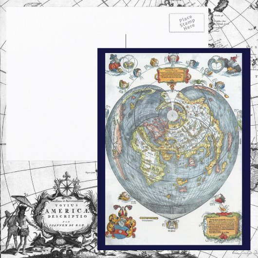 ヴィンテージハート型アンティークワールドマップピーターピア ポストカード