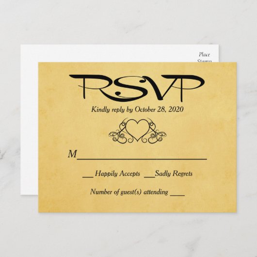 ヴィンテージハート金ゴールドとブラックRSVP結婚の応答 インビテーションポストカード (正面/裏面)