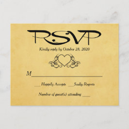 ヴィンテージハート金ゴールドとブラックRSVP結婚の応答 インビテーションポストカード