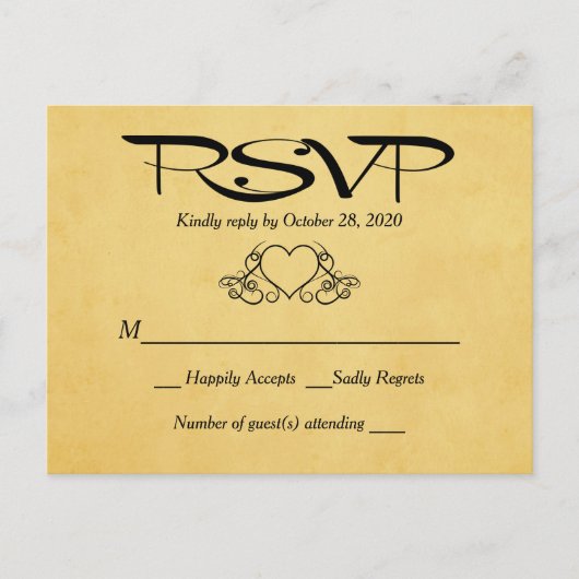 ヴィンテージハート金ゴールドとブラックRSVP結婚の応答 インビテーションポストカード (正面)