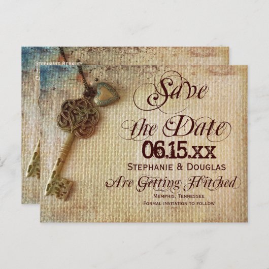 ヴィンテージハート鍵Burlap日付ポストカードの保存 案内ポストカード (正面/裏面)
