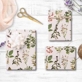 ヴィンテージハーバリウムグリーン植物パターン ラッピングペーパーシート