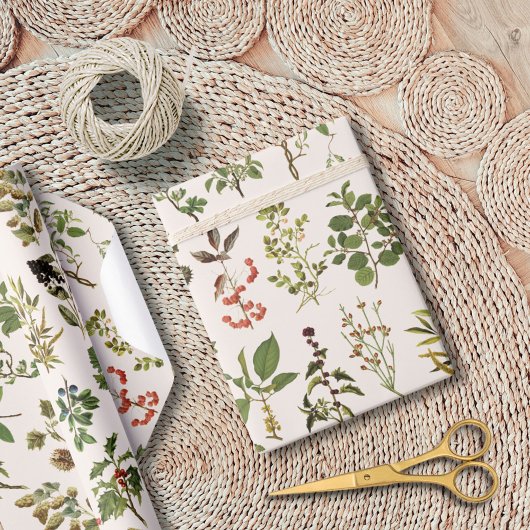 ヴィンテージハーバリウムグリーン植物パターン ラッピングペーパー