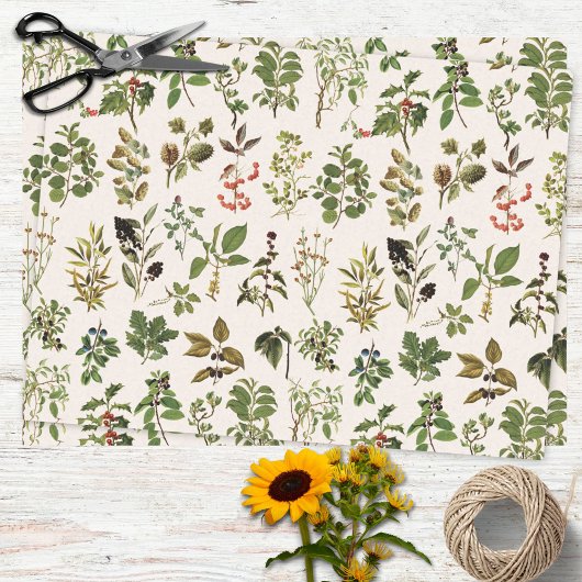 ヴィンテージハーバリウムグリーン植物パターン 薄葉紙
