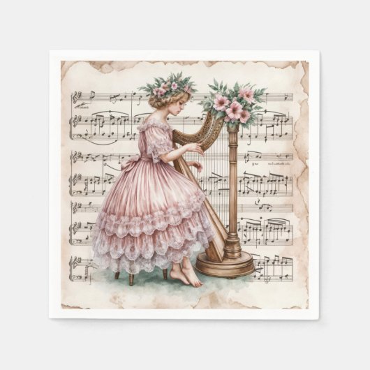 ヴィンテージハーピストの楽譜 スタンダードカクテルナプキン (正面)